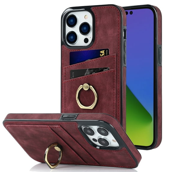 SaniMore for iPhone 14 Pro PU Leather Case, Wallet Cover Built-in 2 Card Slots & 360° Rotatable Ring Kickstand 360° All-Inclusive Protective Shell for iPhone 14 Pro Women Men, Winered