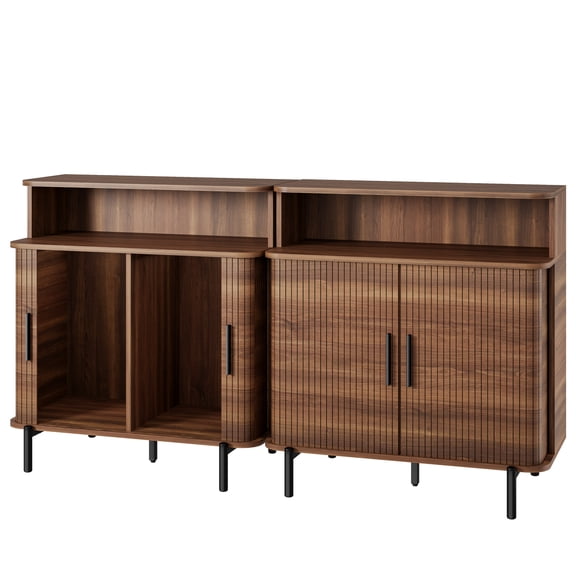 SUNCOZE Fluted Sideboard Cabinet with Storage, Modern Coffee Bar Cabinet with Shelf, Wood Console for Living Room, Walnut