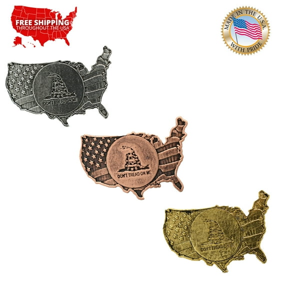 Don’t Tread on Me, Gadsden Flag Pin, Patriotic, Outline of America, Pewter, Metal, Hat, Lapel, Brooch, Pins, Jewelry, Made in USA, Over 20 Patriotic Designs Available. Creative Pewter Designs. A1012