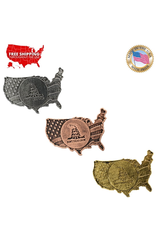 Don’t Tread on Me, Gadsden Flag Pin, Patriotic, Outline of America, Pewter, Metal, Hat, Lapel, Brooch, Pins, Jewelry, Made in USA, Over 20 Patriotic Designs Available. Creative Pewter Designs. A1012