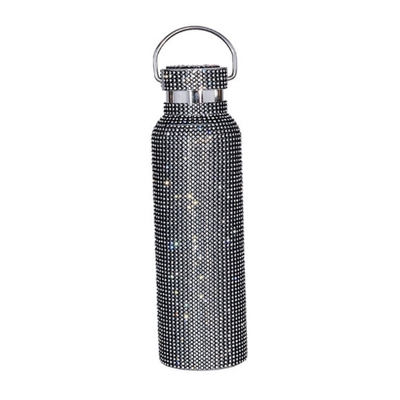 Injueey 350/500/600/750ml Frascos de vacío con purpurina Termo de diamantes de imitación con asa Botella de agua de leche de café hecha a mano Taza Cocina y Comedor Negro/750ml Injueey HA071622-12