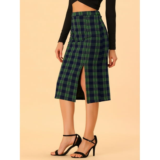 Women's Plaid High Waisted Stretchy Slit Midi Pencil Skirt Green