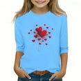 thumbnail image 2 of Sky Blue Heart Print Girls Cold Shoulder Top, Soft Stretch Polyester Spandex 3/4 Sleeve Relaxed Fit Tee for Ages 4-12, Valentine's Day Casual Blouse,Size 5-6T, 2 of 5