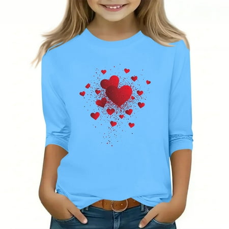 AHTJRT Kids Love Heart T-Shirt Long Sleeve Round Neck Blouse Cute Valentines Day Tee Shirt Fashion Family Lounge Streetwear Tops Sky Blue 10-11 Years