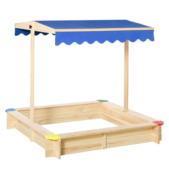 Outsunny Kids Wooden Sandbox with Cover, Play Sand Station for Children Outdoor Sand box, with Seats, for Backyard, Beach, 47" x 47" x 47", Natural