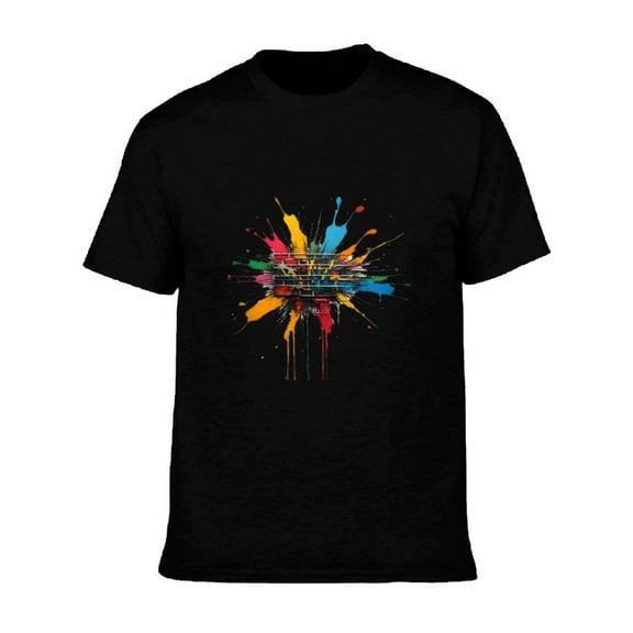 Men's Cotton Short Sleeve T-Shirt with Colorful Abstract Splash Design and White Brick Pattern - Modern Artistic Tee Top