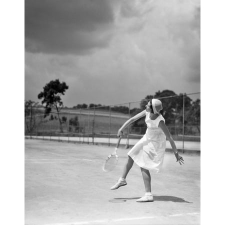 1930s Woman Playing Tennis Swinging Racket Stretched Canvas - Vintage Images