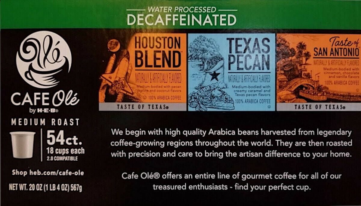 HEB Cafe Ole 54 count Decaf Variety Pack (Texas Pecan, Houston Blend, Taste of San Antonio)
