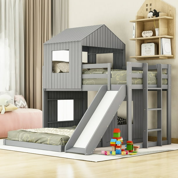 CLEARANCE! Wooden Twin Over Full Bunk Bed, Loft Bed with Playhouse
