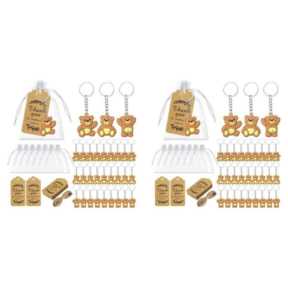 40PCS Baby Shower Souvenirs Gift Bear Keychain Organza Bag Thank You  Tag for Guests Girl Boy Birthday Party Supply