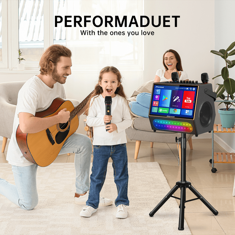 PRONEXT Karaoke Machine With Lyrics Display Screen For Adults, Bluetooth Speaker With 2 Rechargeable UHF Mics, Built-in 14" Tablet & WiFi, DJ Lights, Portable Karaoke System For Party(Stand Included