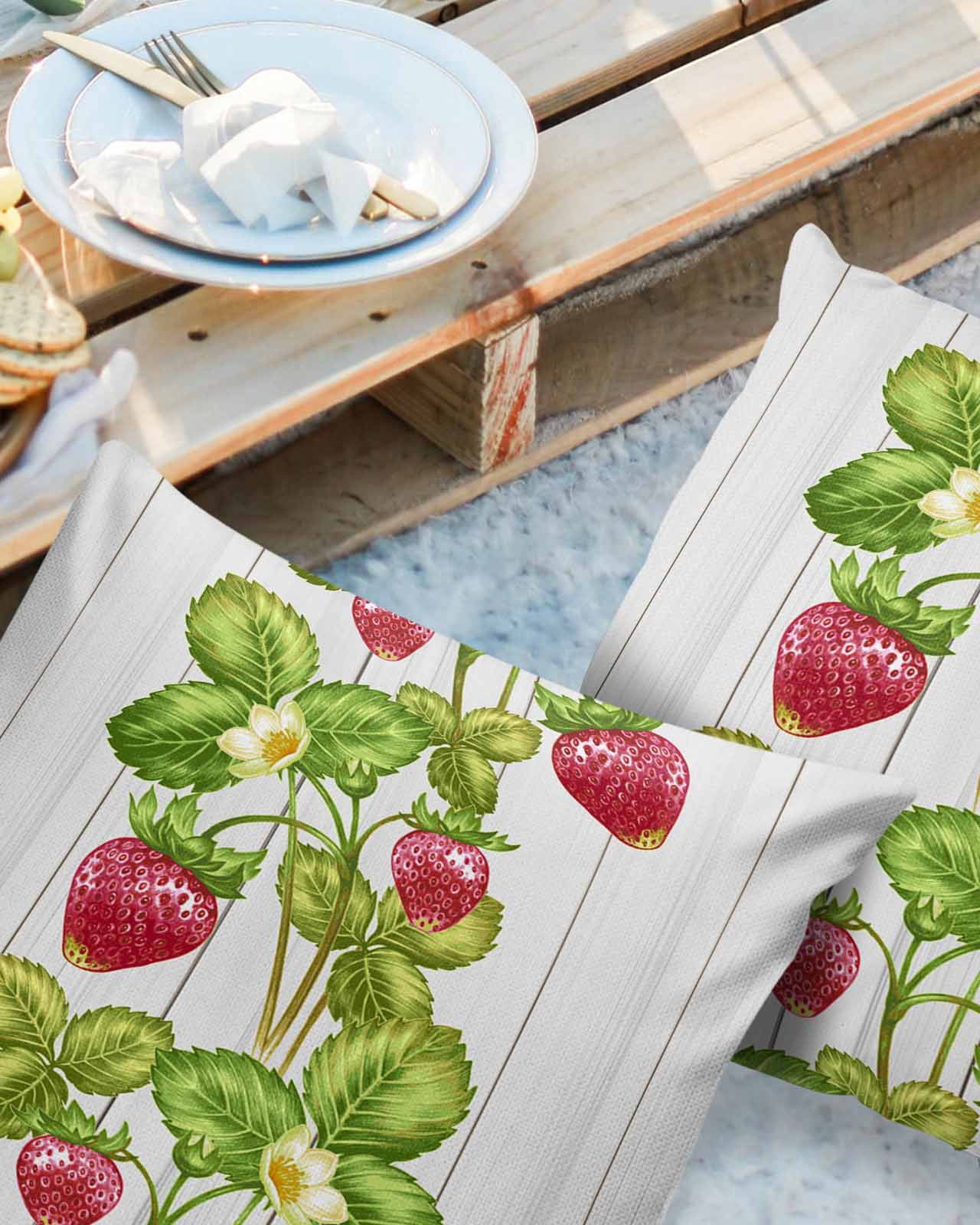 Pack of 2 Outdoor Pillow Covers, Spring Strawberry Plants Retro Illustration Wood Grain Waterproof Square Throw Pillowcase Cushion Decorative Pillow Covers for Couch Patio Tent, 18x18 in