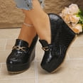thumbnail image 3 of SACFOF Women’s Leather Slip-on Platform Wedge Heel Dressy Loafers with Metal Hook Loop Retro Round Toe Comfort Arch Support Non-Slip Platform High Heel Pumps Daily Office Walking Shoes, 3 of 6