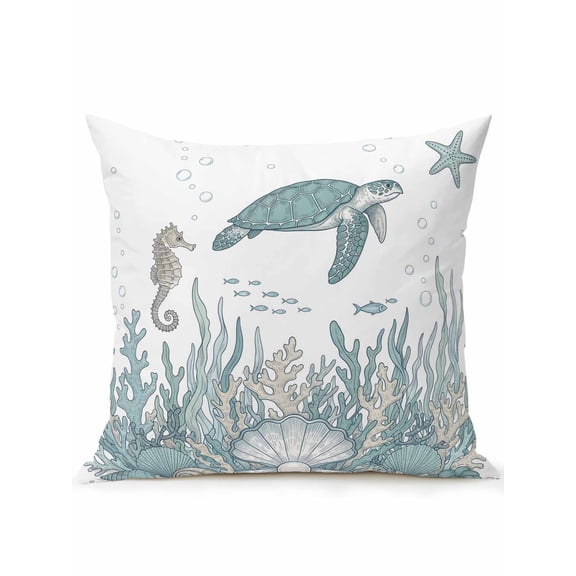 1 Pack Outdoor Throw Pillow, Teal Green Turtle Coastal Waterproof Pillow with Insert Included, Nautical Coral Seahorse Summer Decorative Accent Cushion Sofa Pillows for Patio Porch, 18 x 18 In