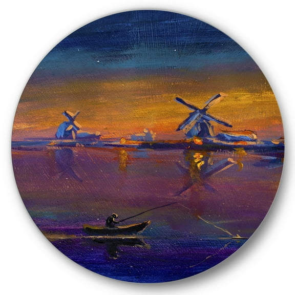 Designart 'Evening Fishing Near The Traditional Windmill' Nautical & Coastal Circle Metal Wall Art 36x36 - Disc of 36