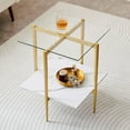 thumbnail image 1 of Rectangle Coffee Table Mid-Century Modern Design L W x H for Living Room - Structure Amber Glass Top and Walnut MDF Shelf Sleek Conical Metal Legs with Gold Finish, 1 of 8