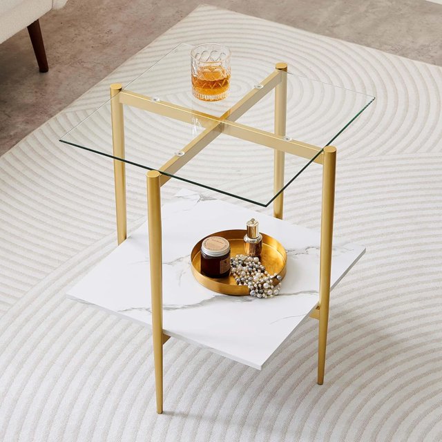 Rectangle Coffee Table Mid-Century Modern Design L W x H for Living Room - Structure Amber Glass Top and Walnut MDF Shelf Sleek Conical Metal Legs with Gold Finish