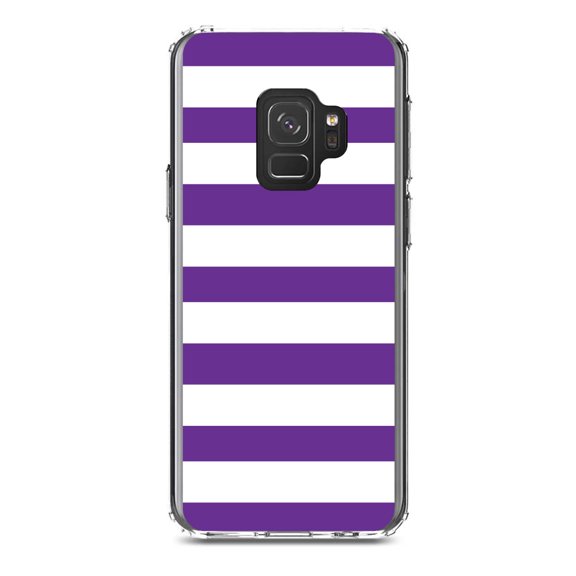 DistinctInk Clear Shockproof Hybrid Case for Samsung Galaxy S9 (5.8" Screen) - TPU Bumper, Acrylic Back, Tempered Glass Screen Protector - Purple & White Bold Horizontal Stripes