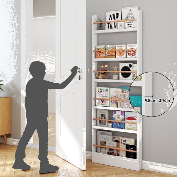 VGBYUJ Behind The Door Bookshelf, 6 Tier Slim Bookcase for Narrow Space, Space-Saving Wall Mount Narrow BookShelf for Bedroom Living Room Kitchen, White