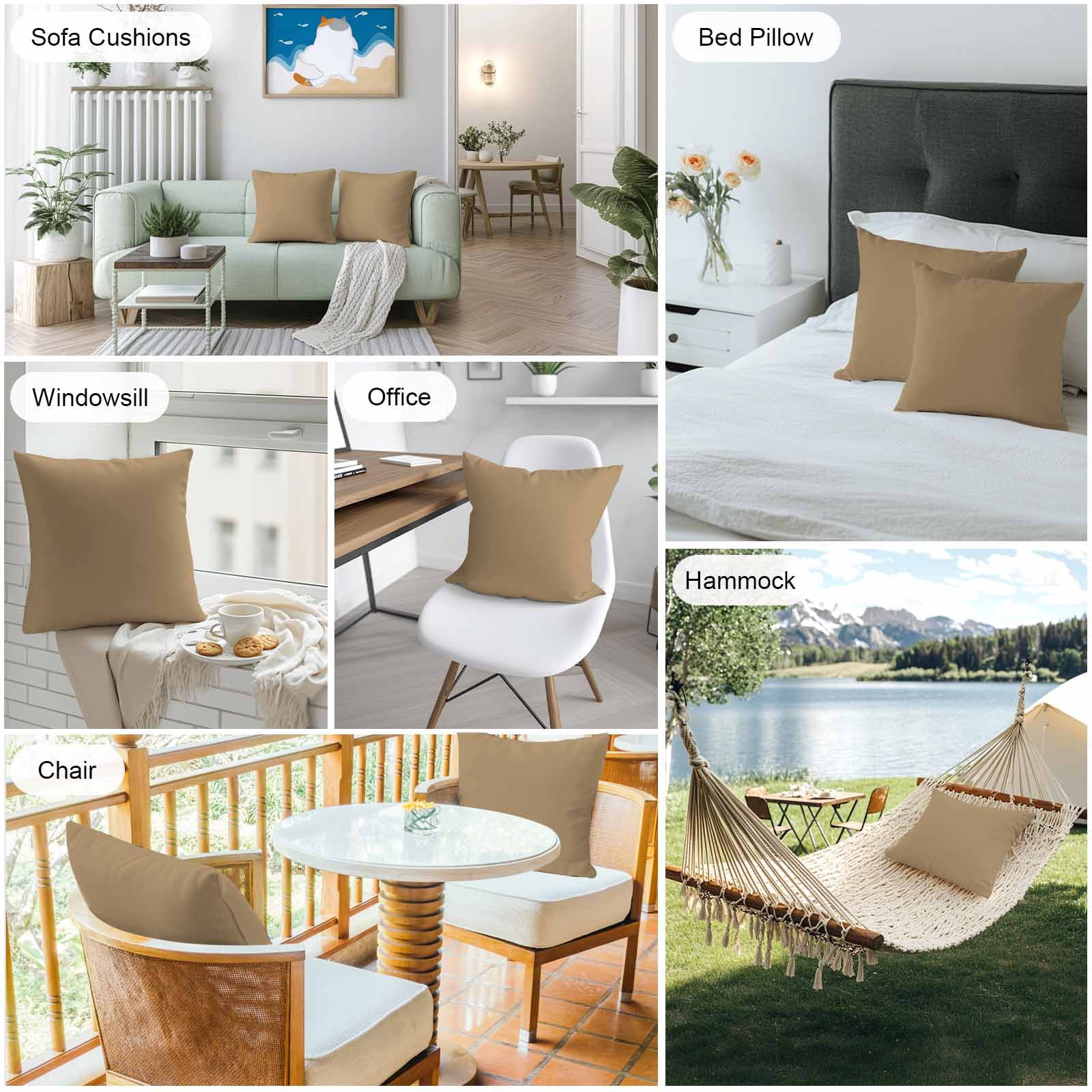 Outdoor Waterproof Throw Pillow Covers Set of 2 Solid Color Decorative Pillowcases Square Outdoor Pillows Cushion Case 16x16 Inch Khaki Farmhouse Vintage Patio Pillows for Couch Sofa Bed Garden