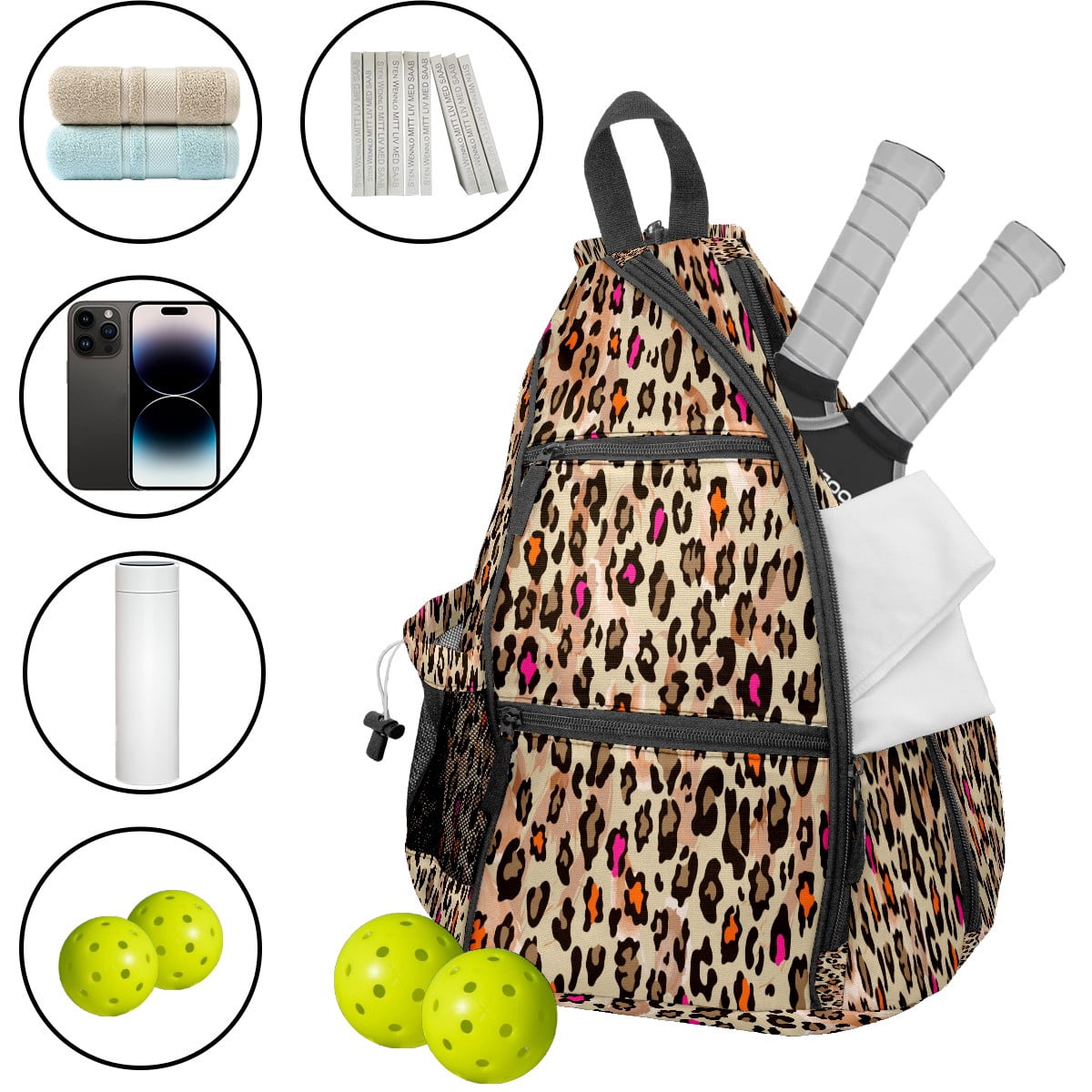 Pickleball Bags for Men Women Pickleball Backpack with Large Capacity Lightweight Adjustable Pickleball Sling Bag Hold Paddles, Balls, Accessories Retro Leopard Pattern