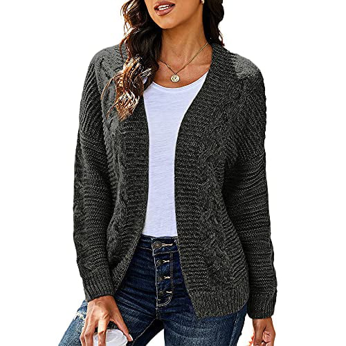ZESICA Women's Casual Long Sleeve Button Down Open Front Cable Knit Cardigan Sweater Coat with Pockets 