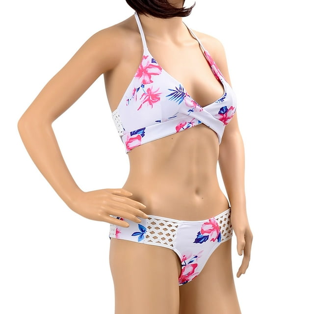 Ensemble de Bikini à Imprimé Floral Blanc avec Détails Ajourés
