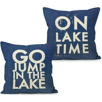 YUESHARE Funny Quotes Go Jump ln The Lake On Lake Time Navy Blue Rustic Linen Throw Pillow Covers 18 x 18 Inch Set of 2, Housewarming Gifts for Home Room Bed Sofa Lake House Decorations Decor