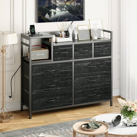 Huloretions Dresser With Charging Station Dresser with 9 Drawers TV Stand Dresser For Bedroom Wide Dresser with Shelf for Storage and Organization