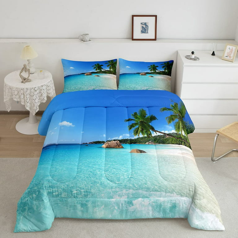 Ocean Comforter Set Palm Leaves Printd Down Comforter, Summer Beach Decor  Hawaiian Vacation Style Quilted Duvet Green Palm Trees Tropical Nature Sea  Theme Home Decor Bedding Comforters, Full Size 