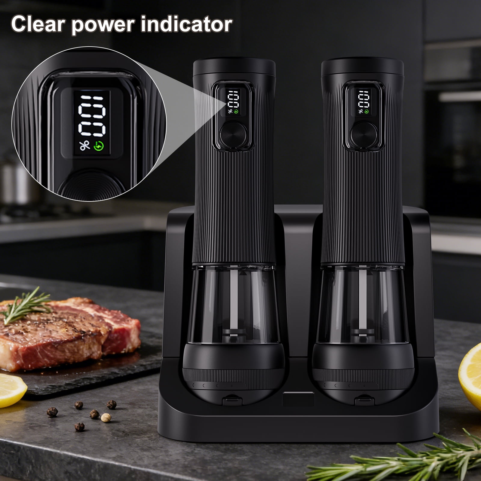 BSgifts Electric Salt and Pepper Grinder Set – Rechargeable Mills with 2-Speed, 5 External Coarseness Settings, LED Display, USB-C Charging Base for Kitchen, Dining & Camping