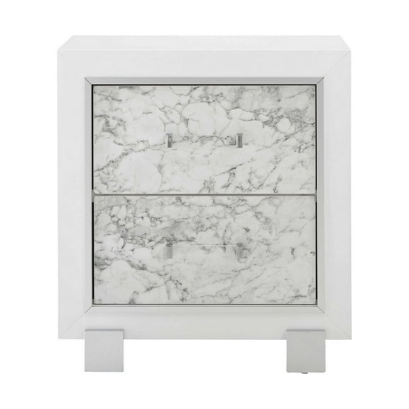 Modern White Nightstand with 2 Faux Marble Detailed Front Drawer.