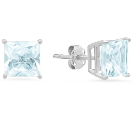 14k White Gold 3MM Princess Cut Aquamarine Stud Earrings Women Plated by Paris Jewelry