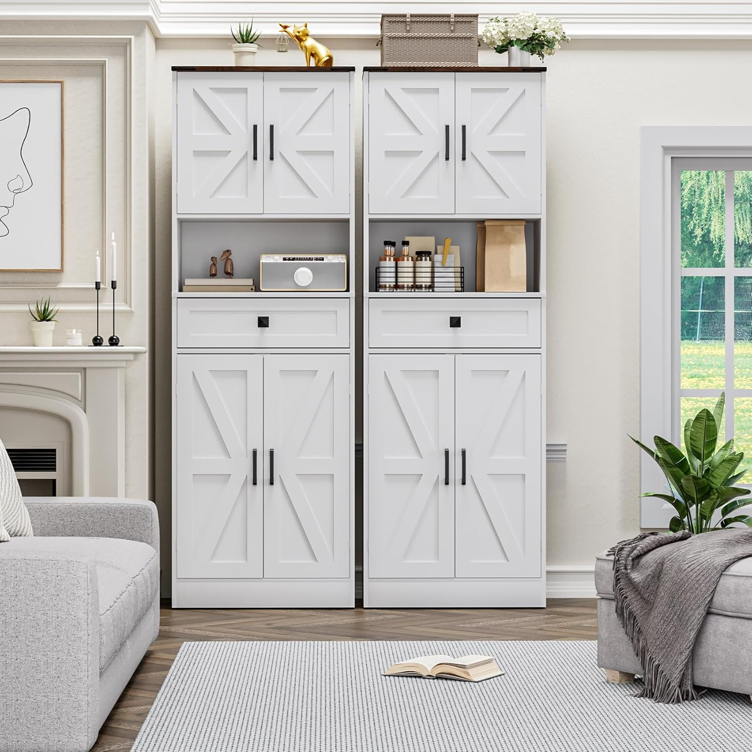 Winkalon 67" Kitchen Pantry Storage Cabinet with 4 Barn Doors & 2 Adjustable Shelves & 1 Drawer for Dining Room, Living Room,White