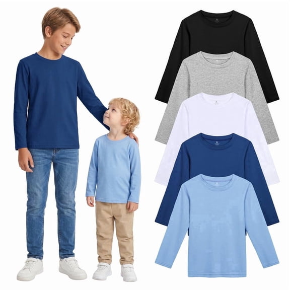 Resinta Boys 5 Pack Cotton Long Sleeve T-Shirts, Soft Crew Neck Basic Tees for Toddler & Little Boys, Everyday School Tops