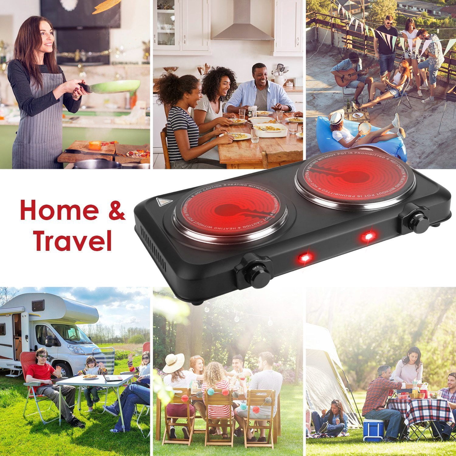 Infrared Dual Burner Electric Hot Plate 1800W Countertop Stove with 1000W & 800W Glass Plates 302-1022℉ Stepless Temp Auto Shut-Off Compact Portable for Dorms RVs & Apartments Black/White (US Plug)