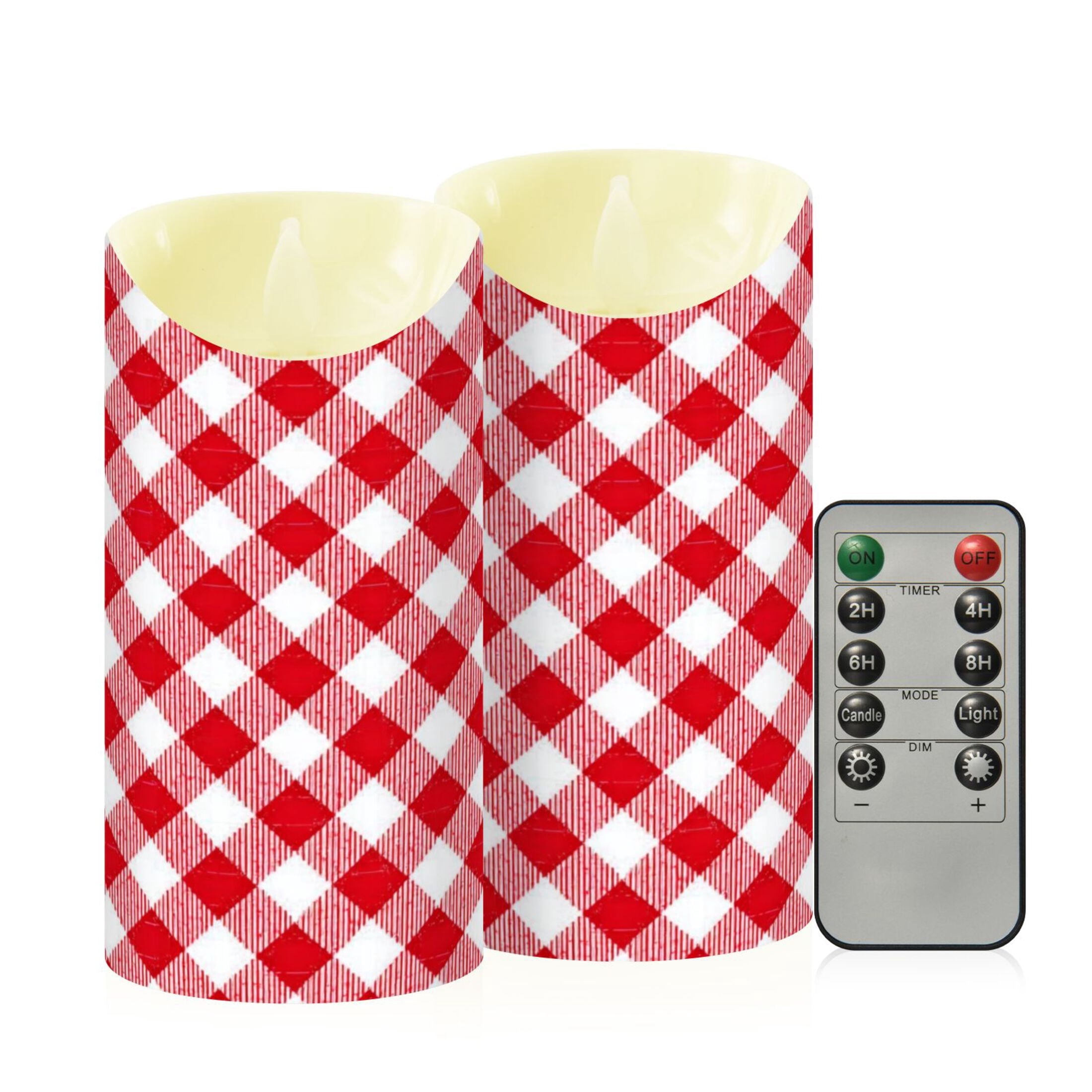Iauyy Flameless Candles Battery Operated LED Pillar Candles with Remote and Timer, Red and White Checkered Pattern Set of 2 （M)