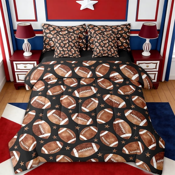 Erosebridal Brown Rugby Stars Print 7-Piece Twin Bedding Sets,American Ball Football Theme Bedding Comforter Set For Kids,Reversible black