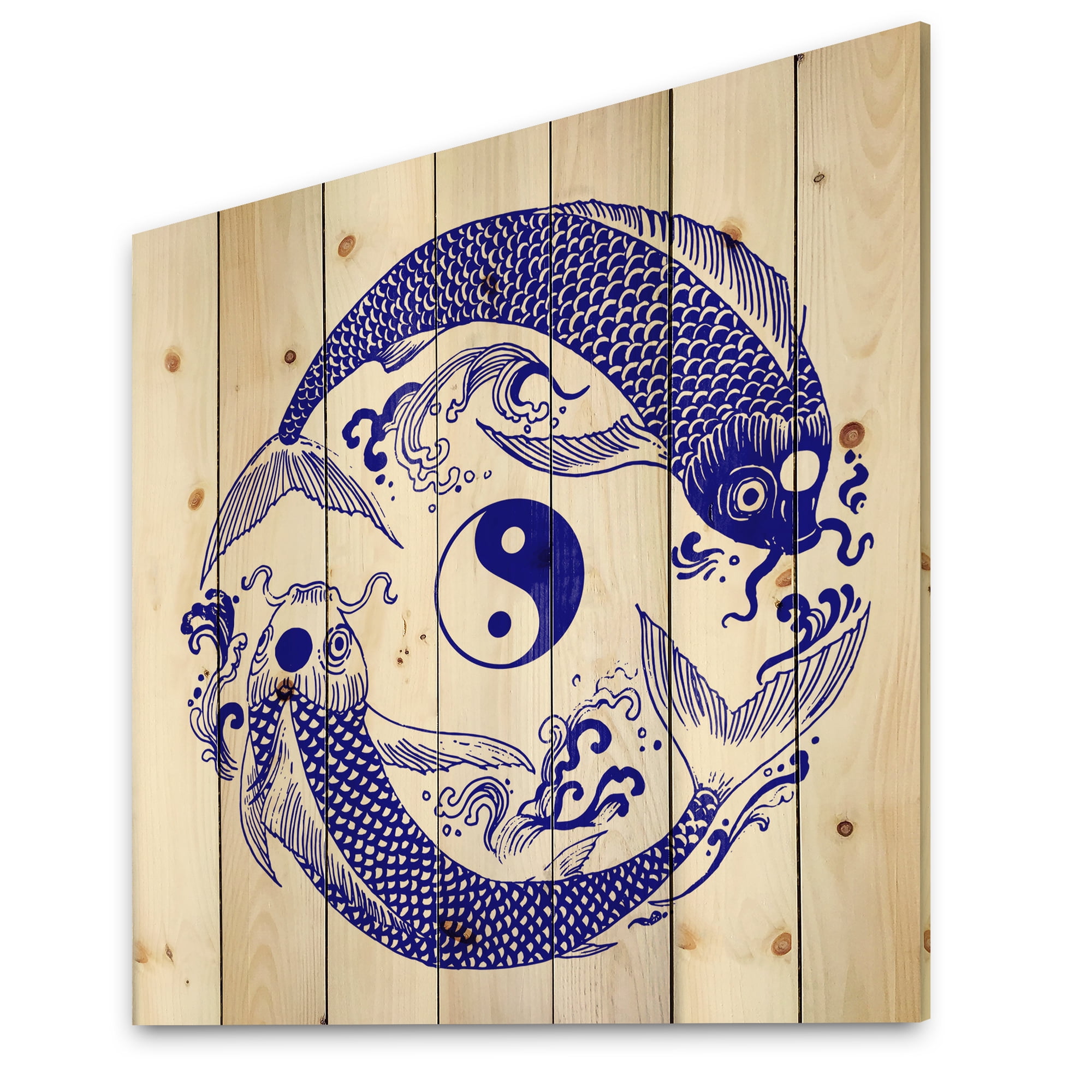 Designart 'Blue Chinoiserie Koi Fish II' Traditional Print on Natural Pine Wood