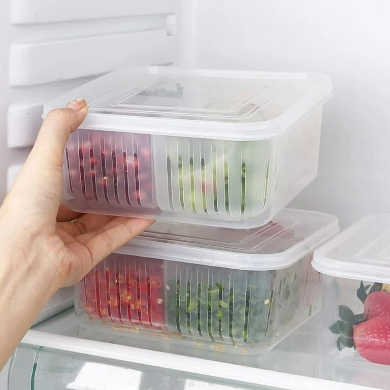 Refrigerator Food Storage Box,Vegetable Fruit Storage Box with Drain Basket  Fruit and Vegetable Airtight Box for Chopped Green Onion,Ginger,Vegetables  