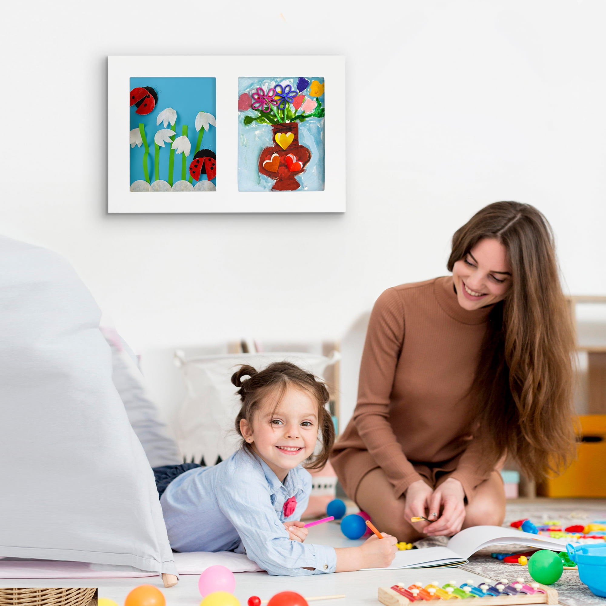 Americanflat 8.5x11 Kids Art Frame Holds 25 Artworks Slide Artworks per Slot Two Openings Storage - White