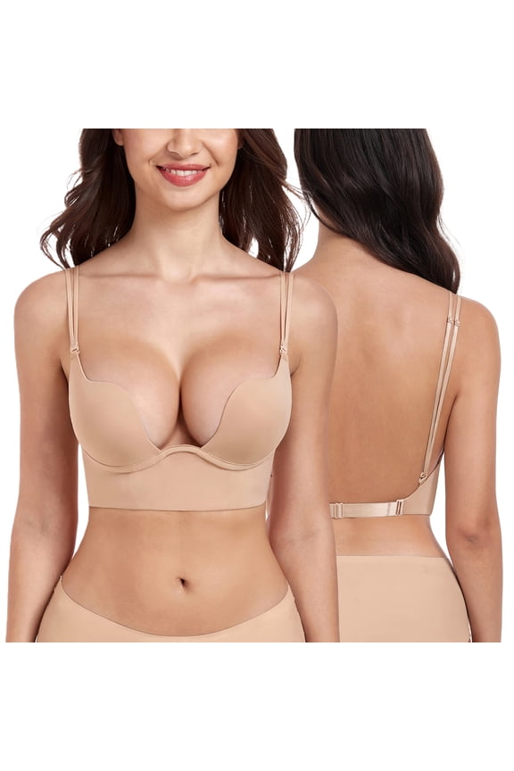 Women's Plunge Backless Bra Underwire Push Up Padded Multiway Low Back Bras(36A,Beige)