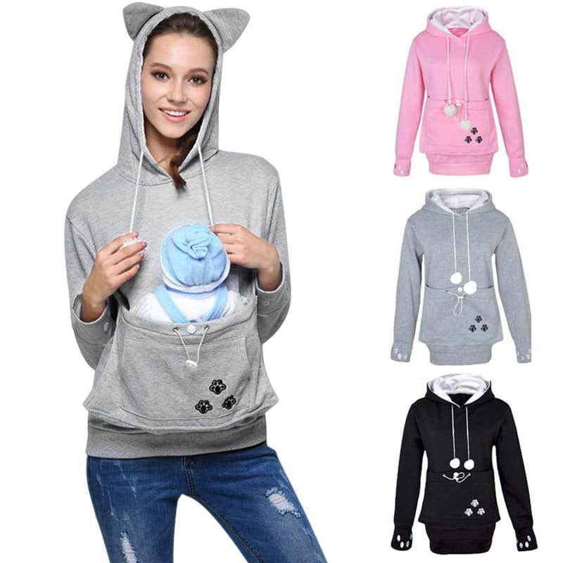 Girls Women Dog Cat Hoodies Cuddle Pouch Casual Kangaroo Pullovers Sweatshirt 