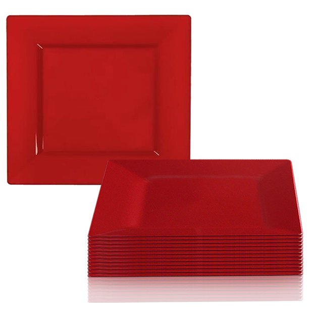Brick Red Plastic Square 9.5" Dinner Plates Disposable or Reusable