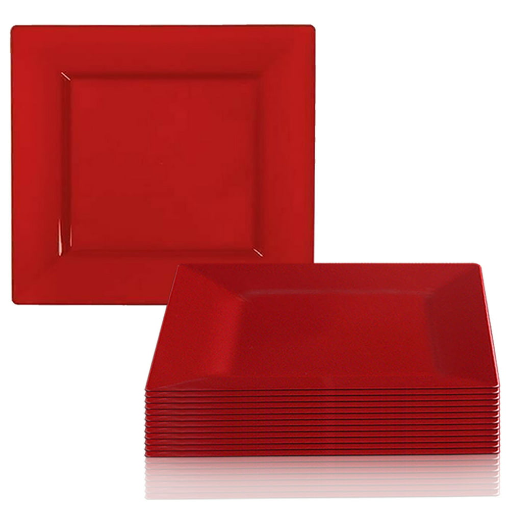 Brick Red Plastic Square 9.5" Dinner Plates Disposable