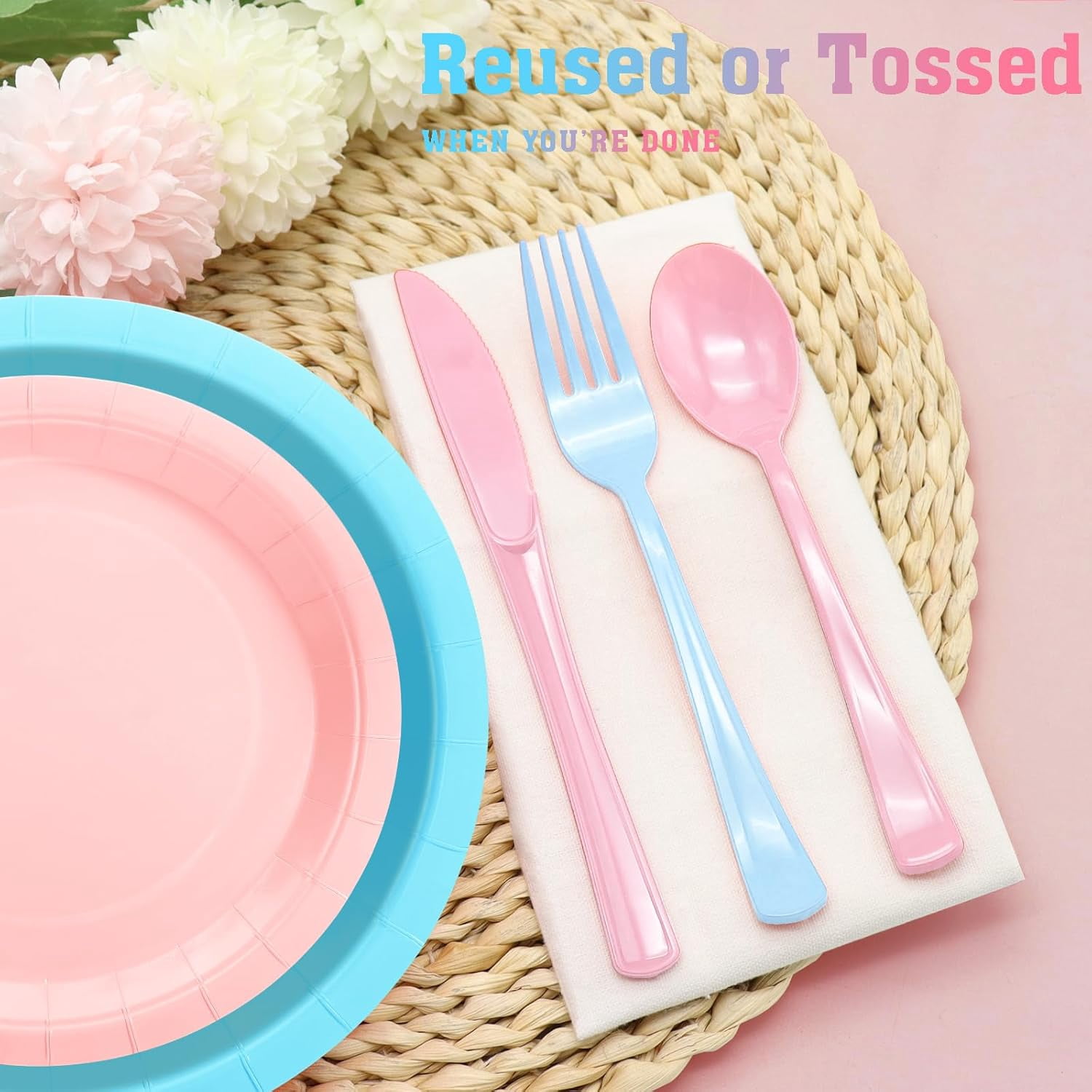 150 Pcs Pink and Blue Cutlery Heavy Duty Light Pink and Baby Blue Plastic Silverware - 50 Plastic Forks, 50 Knives, 50 Spoons for Birthday Baby Shower Gender Reveal