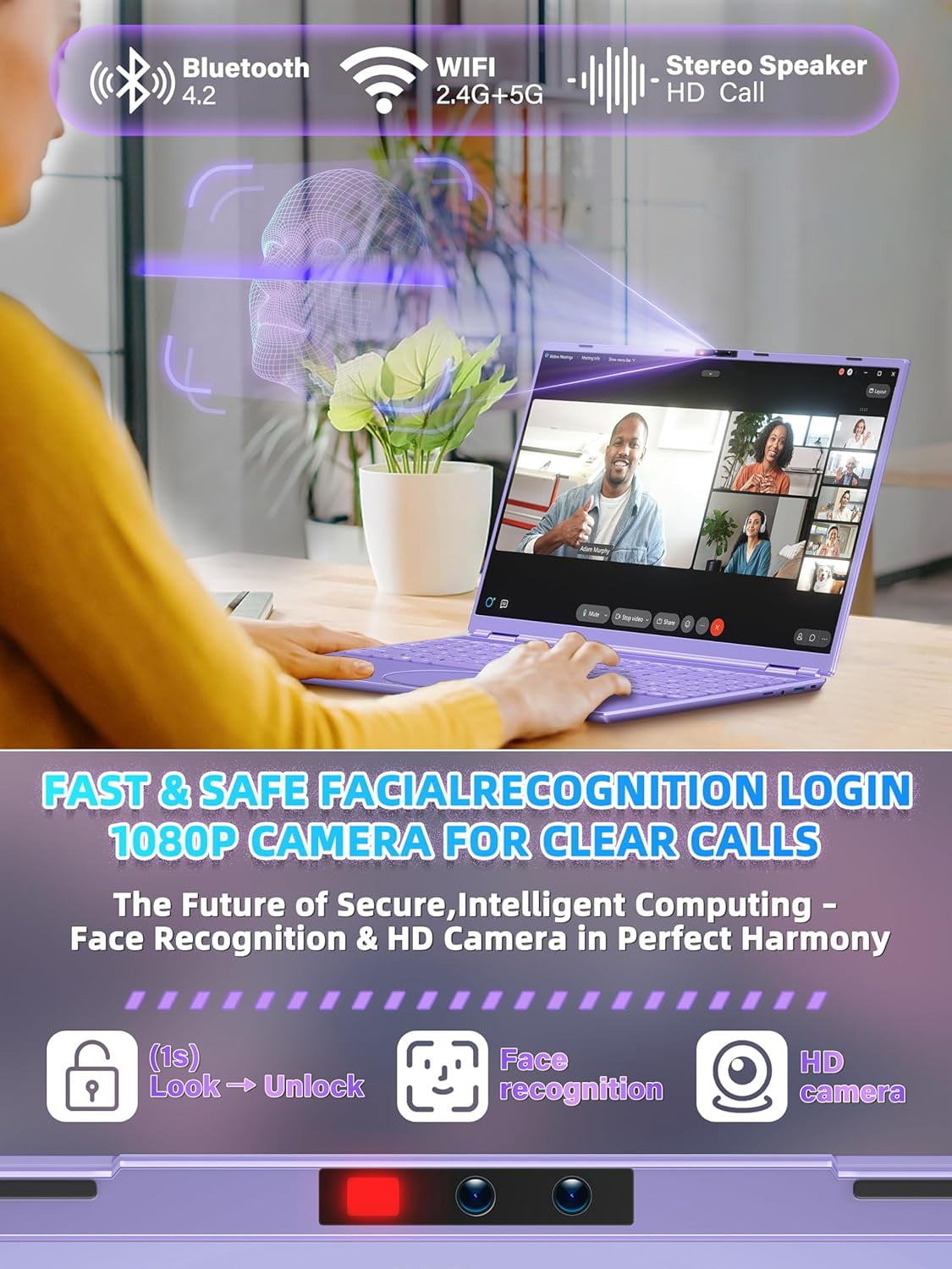 【Win 11 Pro/MS Office 2019】16" Purple Laptop,Ultra-Narrow Bezel Full HD (1920x1080),Celeron N95 (3.4GHz), 16GB RAM 1T SSD,Color Backlit KB, Face Unlock, USB-C/HDMI/WiFi/BT, for Business Study