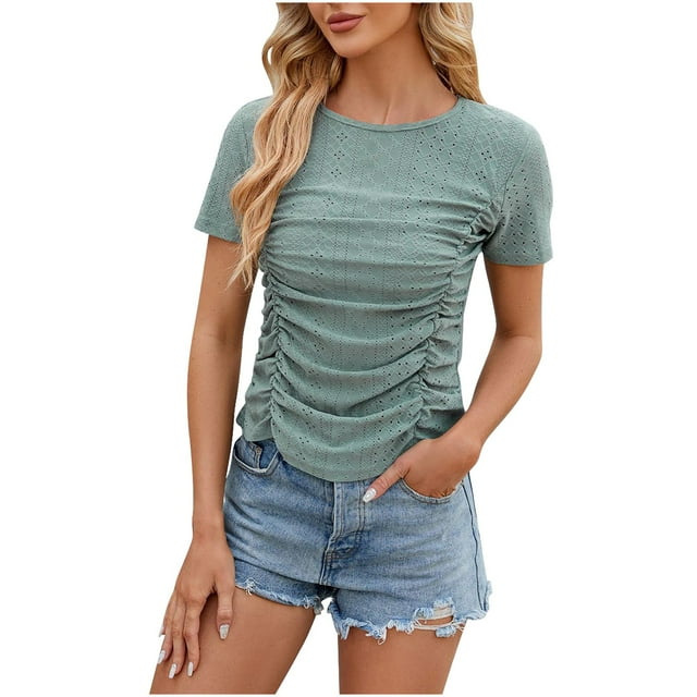 AherBiu Summer Casual Tops for Women Eyelet Hole Side Drawstring Ruched Boho Short Sleeve Shirts Blouse