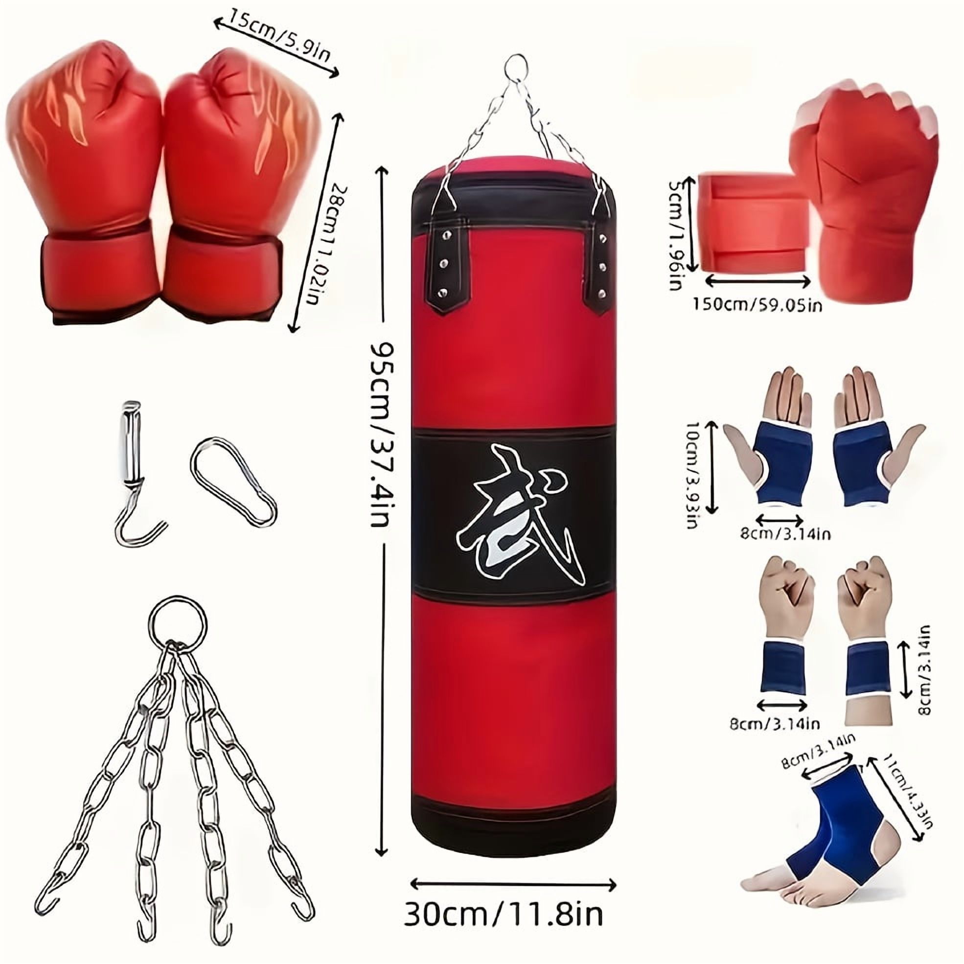 13 - Piece Boxing Punching Bag Set with Gloves – Durable Red/Black Hanging Heavy Bag (11.81" x 59.06"), Filled w/ Shredded Paper, Includes Hand Guards & Carabiners – Ideal for Adult Boxing/Taekwondo