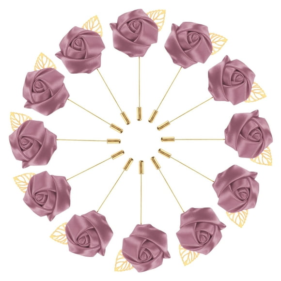 Uxcell Paquete de 12 Pines de Solapa de Flores para Hombres, Pin de Rosa con Hoja Dorada para Boda/Baile/Festa, Pines de Corsage de Flores [Pasta de Frijol Rojo]